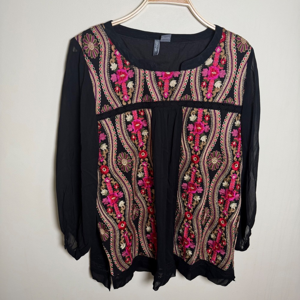 Anu by Natural XL Black Embroidered Boho Blouse Pink Floral Sheer Sleeve Rayon